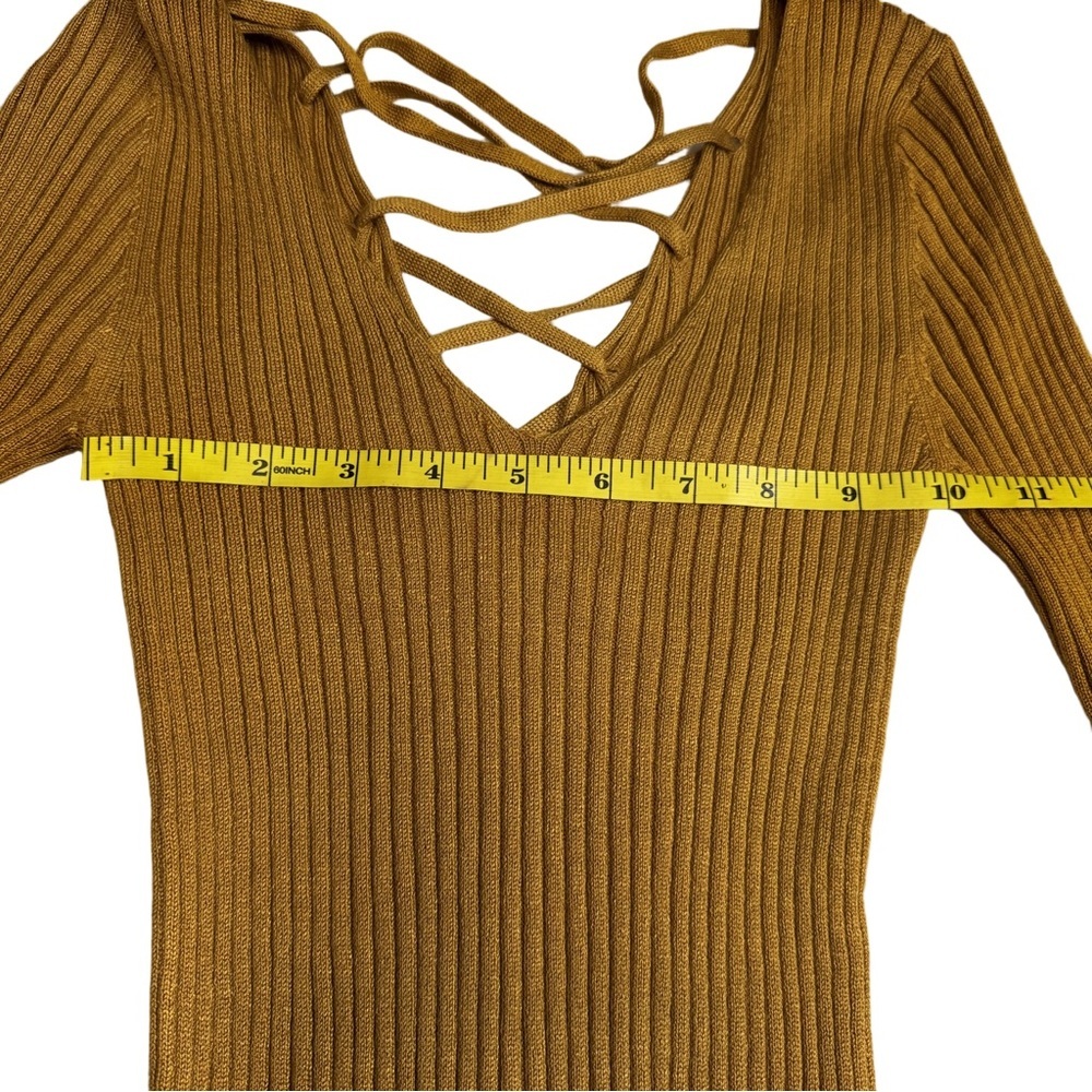 Ambiance Apparel Gold Ribbed Sweater Size Small Features A Lace Up Back NWT - Picture 5 of 9